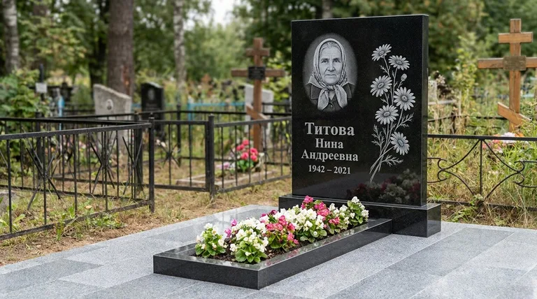 Памятник с гравировкой ромашек — выполненная работа «Титова» в Тюмени