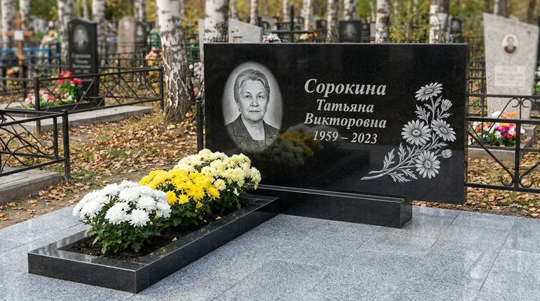 Памятник с гравировкой ромашек — выполненная работа «Сорокина» в Тюмени
