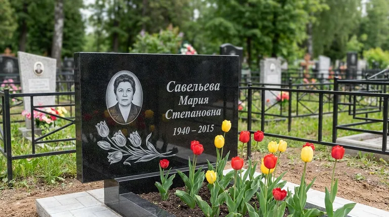 Памятник с гравировкой тюльпанов — выполненная работа «Савельева» в Тюмени