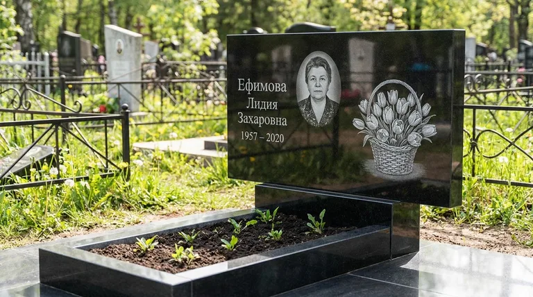 Памятник с гравировкой тюльпанов — выполненная работа «Ефимова» в Тюмени