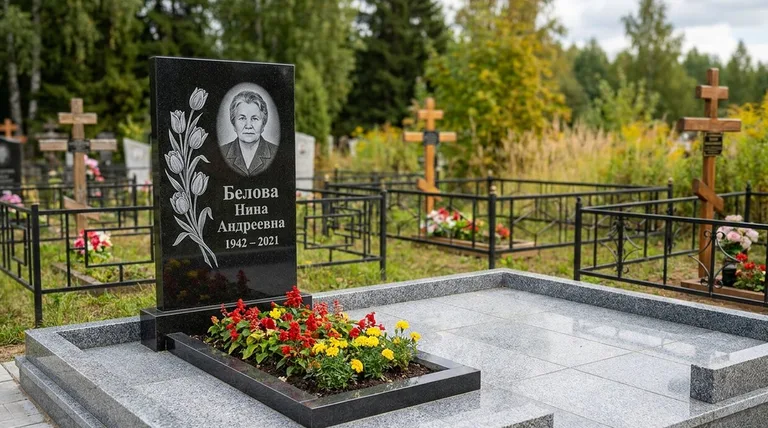 Памятник с гравировкой тюльпанов — выполненная работа «Белова» в Тюмени