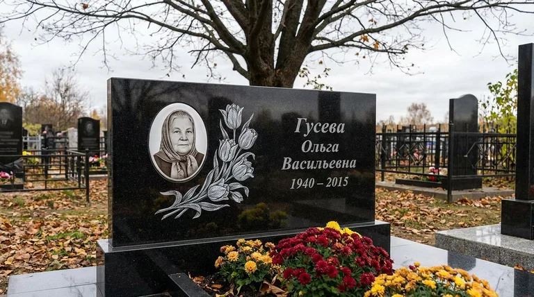 Памятник с гравировкой тюльпанов — выполненная работа «Гусева» в Тюмени