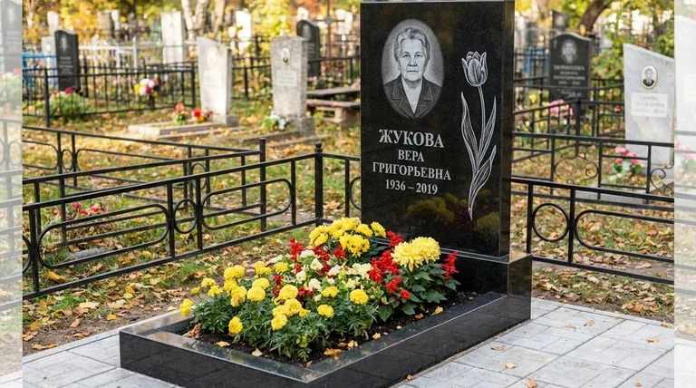 Памятник с гравировкой тюльпанов — выполненная работа «Жукова» в Тюмени
