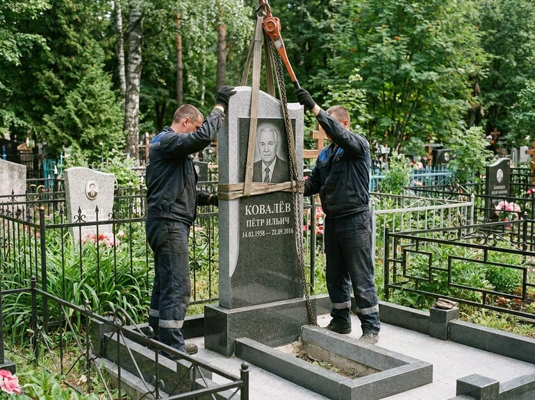 Демонтаж памятника на кладбище в Тюмени — бригада аккуратно снимает старый гранитный памятник с могилы