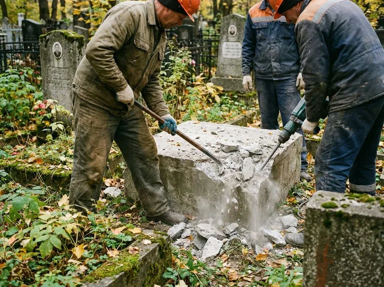 Демонтаж бетонного цоколя и тумбы памятника в Тюмени
