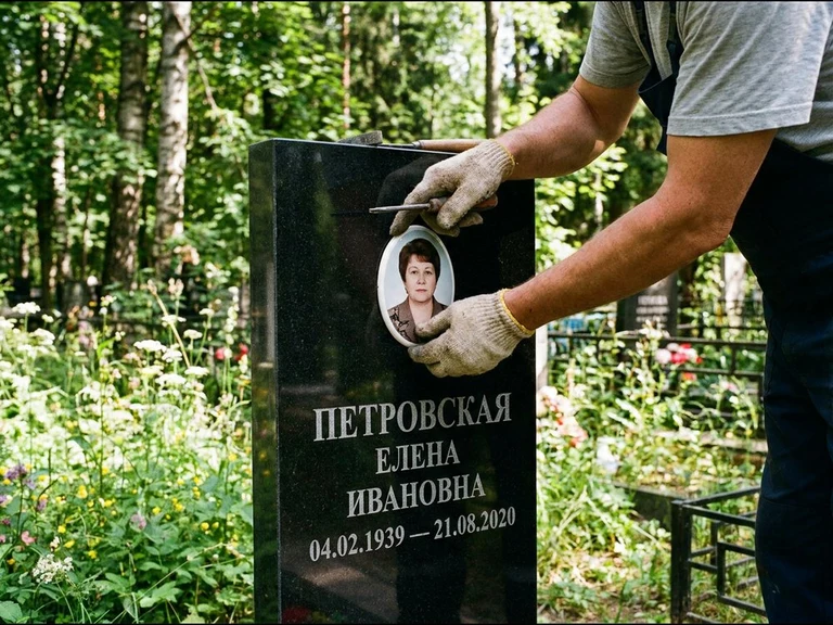 Фото на керамике на памятник в Тюмени — мастер устанавливает овальный керамический портрет на гранитный памятник