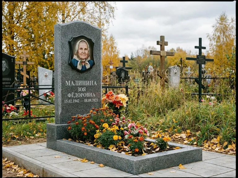 Чёрно-белый керамический портрет на памятнике в Тюмени