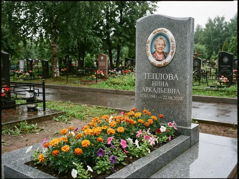 Керамический портрет на памятнике с цветами в Тюмени