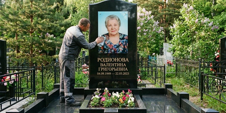 Фотокерамика и печать фото на памятник в Тюмени — мастер устанавливает цветной портрет на стекле на гранитный памятник