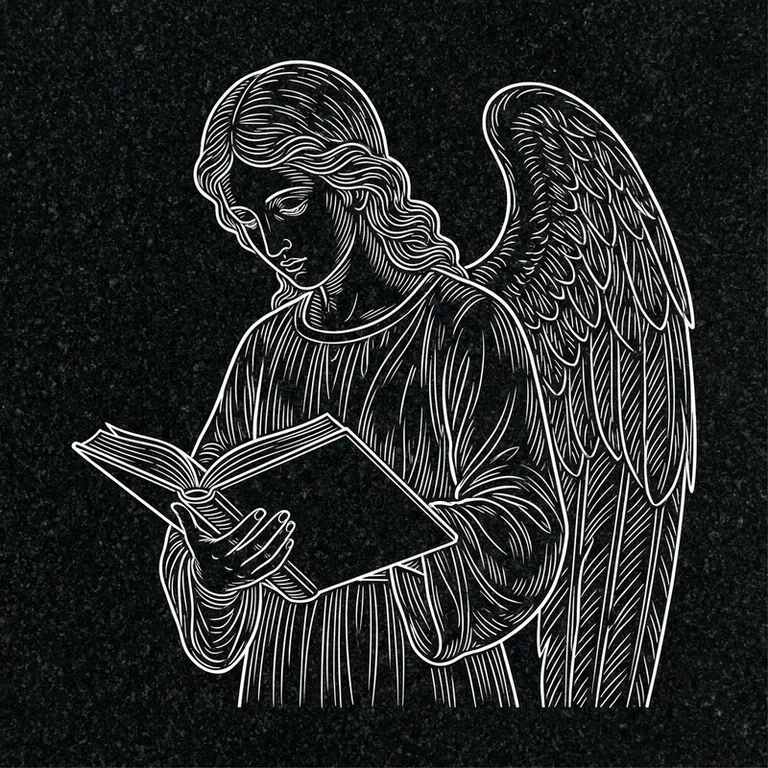 Эскиз гравировки ангела на памятник — ангел с раскрытой книгой в Тюмени