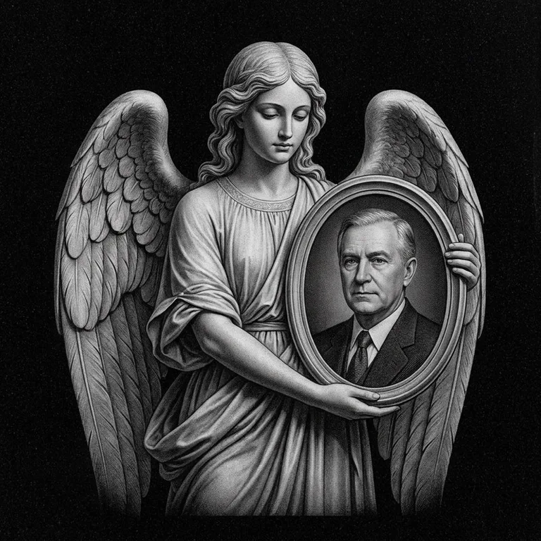 Эскиз гравировки ангела на памятник — объёмный ангел с портретом в Тюмени