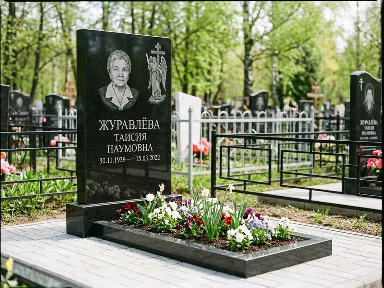 Памятник с гравировкой ангела — гравировка ангела с голубем по диагонали стелы, работа «Журавлёва» в Тюмени