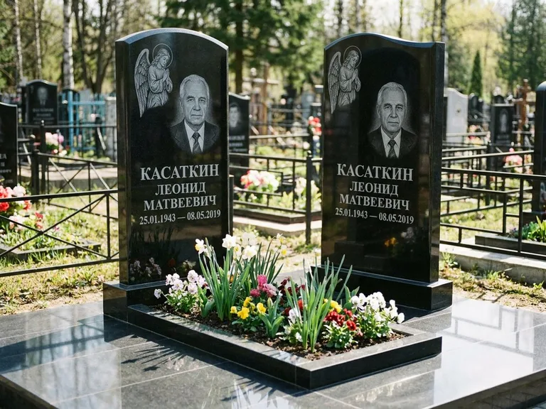 Памятник с гравировкой ангела — гравировка молящегося ангела в верхней части стелы, работа «Касаткин» в Тюмени