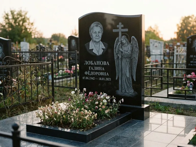 Памятник с гравировкой ангела — гравировка ангела с крестом рядом с эпитафией, работа «Лобанова» в Тюмени