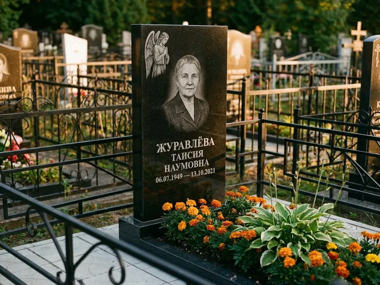Памятник с гравировкой ангела — гравировка молящегося ангела в верхней части стелы, работа «Журавлёва» в Тюмени