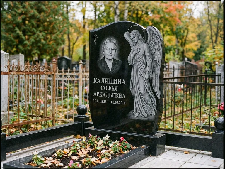 Памятник с гравировкой ангела — гравировка ангела с крестом рядом с эпитафией, работа «Игнатова» в Тюмени