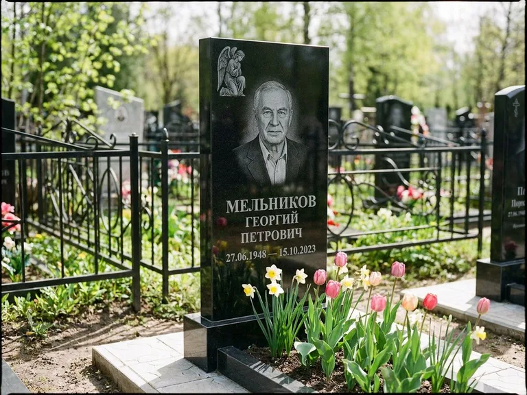 Памятник с гравировкой ангела — гравировка ангела с голубем по диагонали стелы, работа «Доронин» в Тюмени