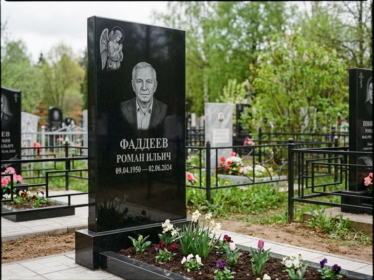 Памятник с гравировкой ангела — гравировка молящегося ангела в верхней части стелы, работа «Фаддеев» в Тюмени