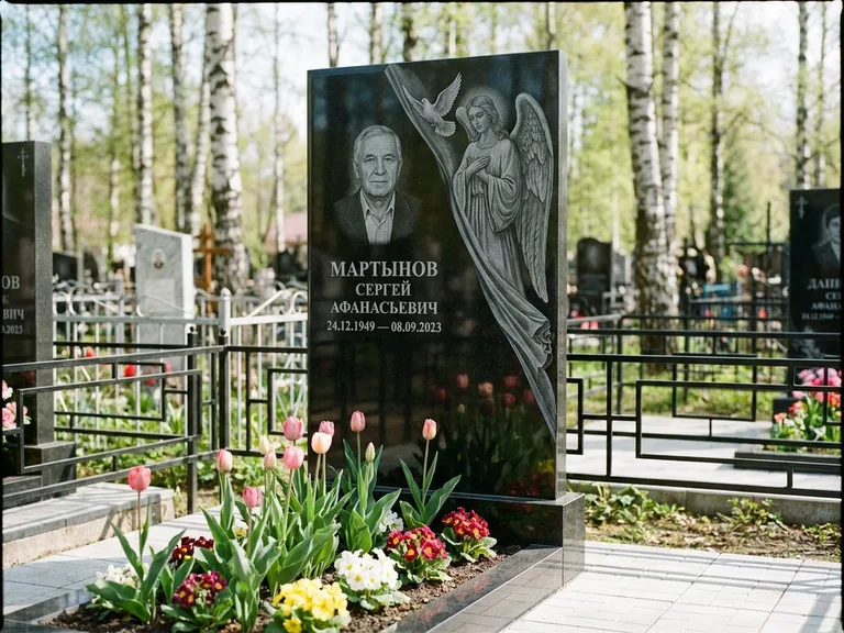 Памятник с гравировкой ангела — гравировка двух ангелов по сторонам портрета, работа «Касаткин» в Тюмени