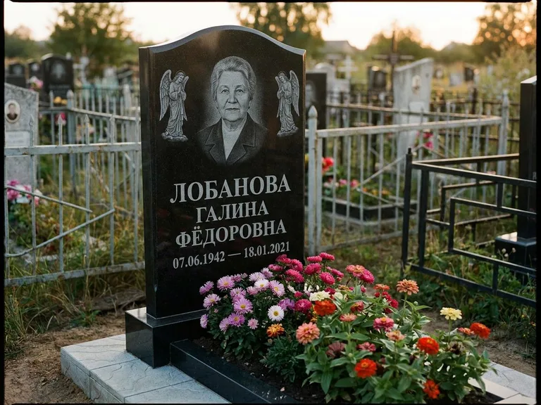Памятник с гравировкой ангела — гравировка двух ангелов по сторонам портрета, работа «Лобанова» в Тюмени