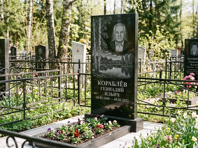 Памятник с гравировкой берёзы — гравировка берёзы у зеркального озера, работа «Кораблёв» в Тюмени
