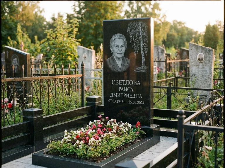 Памятник с гравировкой берёзы — гравировка плакучей берёзы с тонкими ветвями, работа «Светлова» в Тюмени