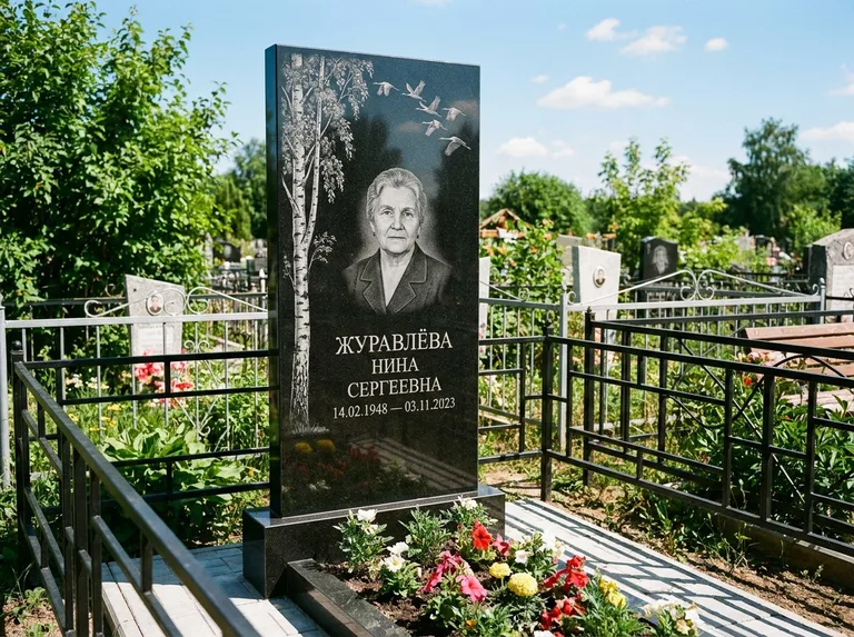 Памятник с гравировкой берёзы — гравировка берёзы с журавлиным клином в небе, работа «Журавлёва» в Тюмени