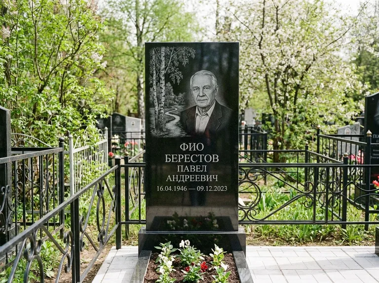 Памятник с гравировкой берёзы — гравировка берёзы у тропинки, уходящей вдаль, работа «Берестов» в Тюмени
