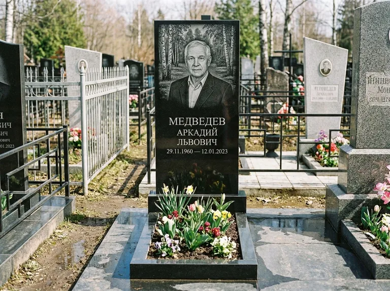 Памятник с гравировкой берёзы — гравировка берёзовой рощи в глубину, работа «Медведев» в Тюмени