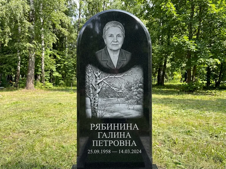 Памятник с гравировкой берёзы: стела с плавным арочным верхом — зимняя берёза, снег на ветвях, газон без ограды, стриженая трава, работа «Рябинина» в Тюмени