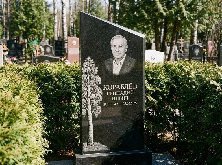 Памятник с гравировкой берёзы: асимметричная скошенная стела — объёмная одинокая берёза с фактурной корой, живая изгородь из туи, работа «Кораблёв» в Тюмени