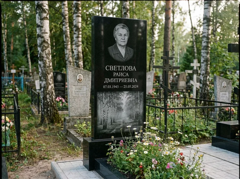 Памятник с гравировкой берёзы: двойная семейная стела — берёзовая роща в лёгкой дымке, цветник с полевыми цветами, работа «Светлова» в Тюмени