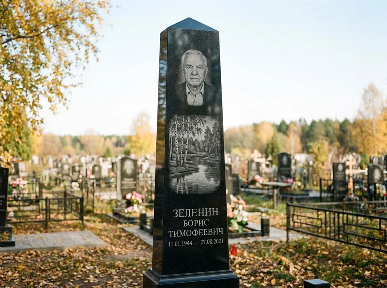 Памятник с гравировкой берёзы: гранёный обелиск-колонна — берёза у воды с отражением, открытый участок, мягкий свет, работа «Зеленин» в Тюмени