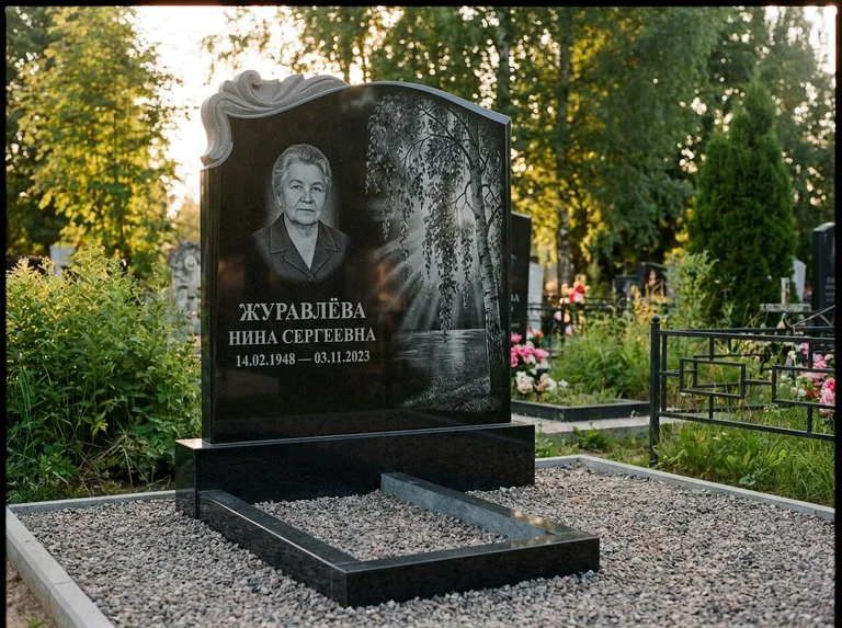 Памятник с гравировкой берёзы: стела с фигурным резным верхом — плакучая берёза в контровом свете, гравийная отсыпка, рассвет, работа «Журавлёва» в Тюмени