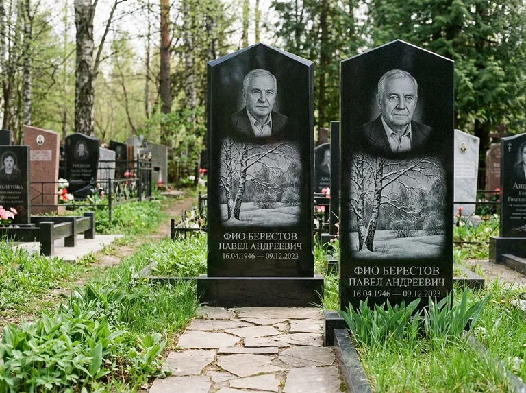 Памятник с гравировкой берёзы: массивная стела с двускатным навершием — зимняя берёза, снег на ветвях, дорожка из природного плитняка, работа «Берестов» в Тюмени