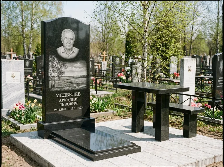 Памятник с гравировкой берёзы: стела с гранитным столиком и скамьёй — берёза у поля, простор до горизонта, семейный участок с плиткой, работа «Медведев» в Тюмени