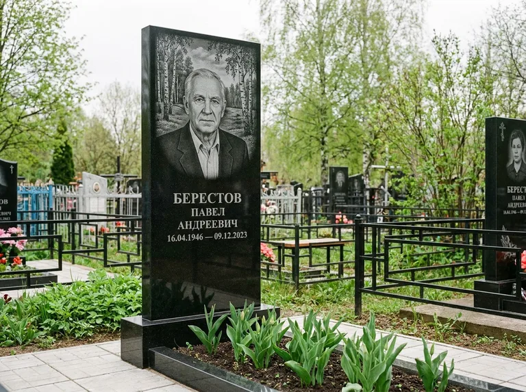 Памятник с гравировкой берёзы — гравировка берёзовой рощи в глубину, работа «Берестов» в Тюмени
