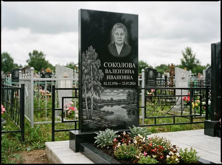 Памятник с гравировкой берёзы — гравировка берёзы у зеркального озера, работа «Соколова» в Тюмени