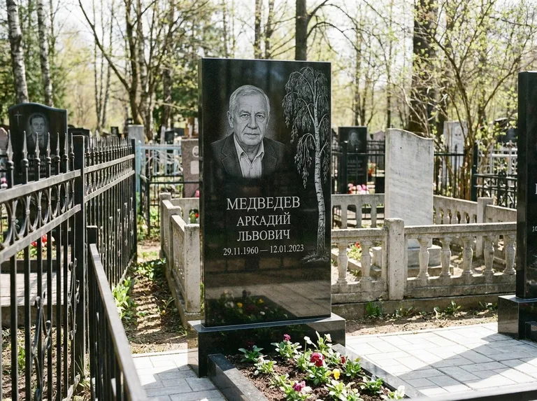 Памятник с гравировкой берёзы — гравировка плакучей берёзы с тонкими ветвями, работа «Медведев» в Тюмени