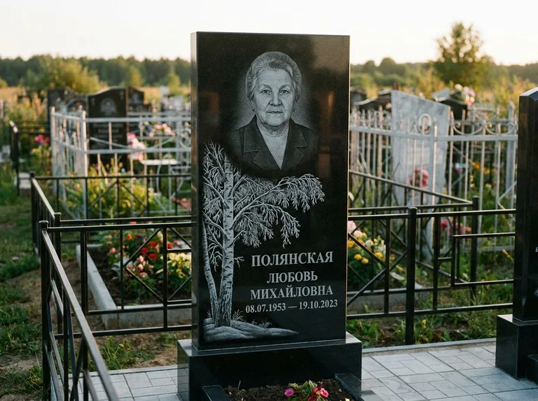 Памятник с гравировкой берёзы — гравировка зимней берёзы в инее, работа «Полянская» в Тюмени