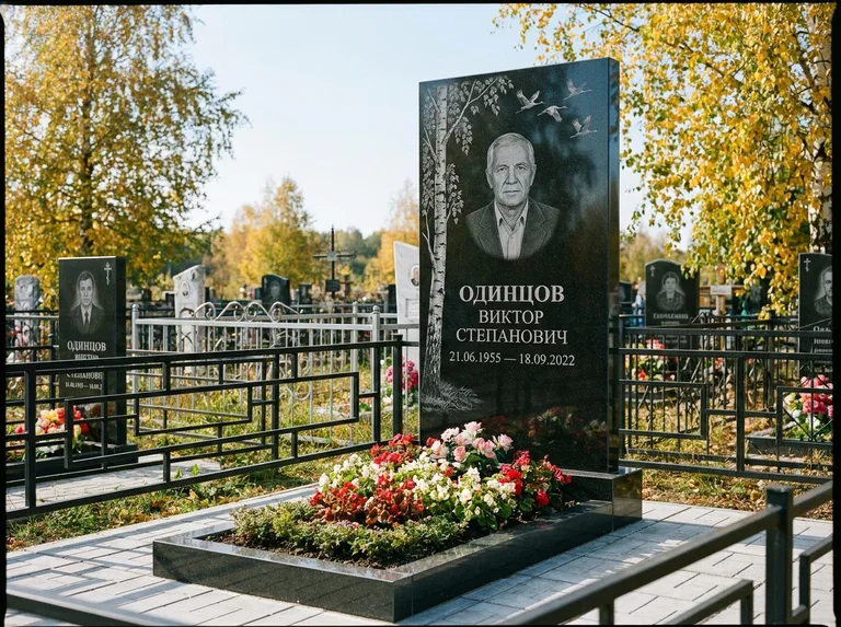 Памятник с гравировкой берёзы — гравировка берёзы с журавлиным клином в небе, работа «Одинцов» в Тюмени