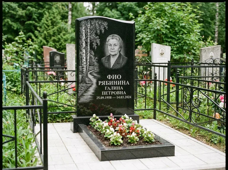 Памятник с гравировкой берёзы — гравировка берёзы у тропинки, уходящей вдаль, работа «Рябинина» в Тюмени