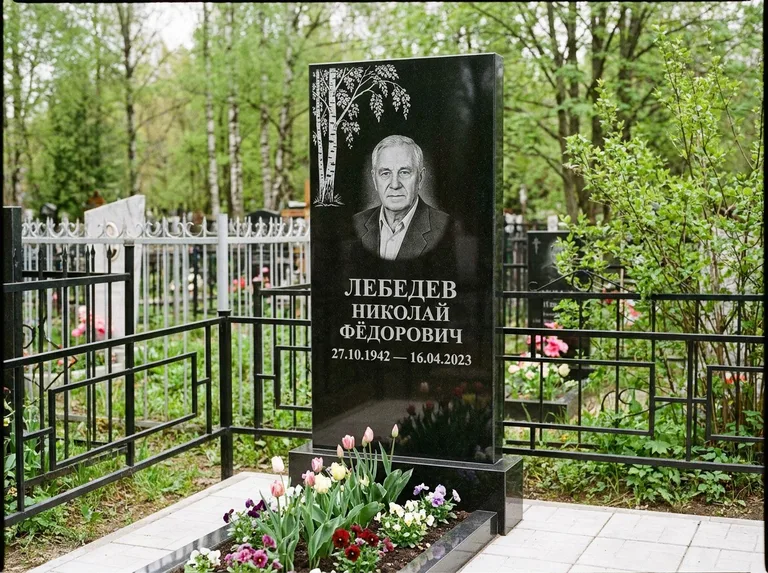 Памятник с гравировкой берёзы — гравировка одинокой берёзы над именем, работа «Лебедев» в Тюмени