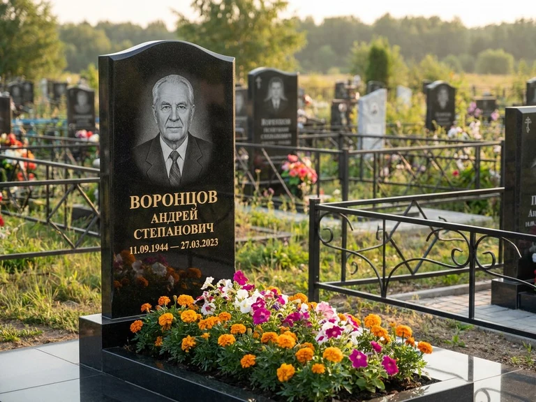 Гравировка фото на памятнике в Тюмени — готовый гравированный портрет на чёрном граните