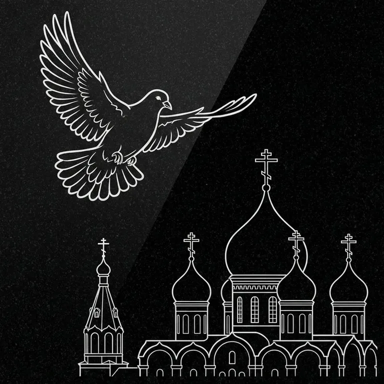 Эскиз гравировки голубей на памятник — голубь в небе над храмом в Тюмени
