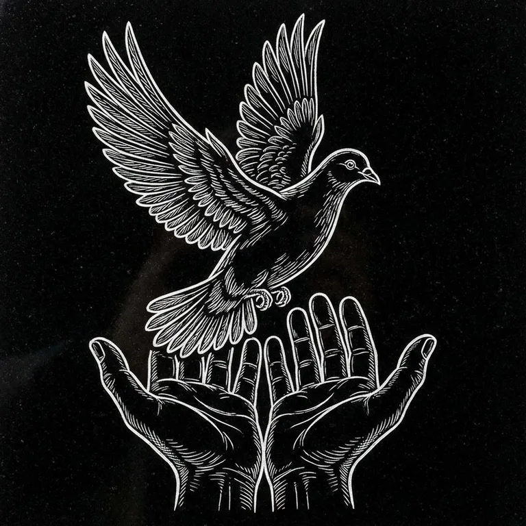 Эскиз гравировки голубей на памятник — голубь над раскрытыми ладонями в Тюмени