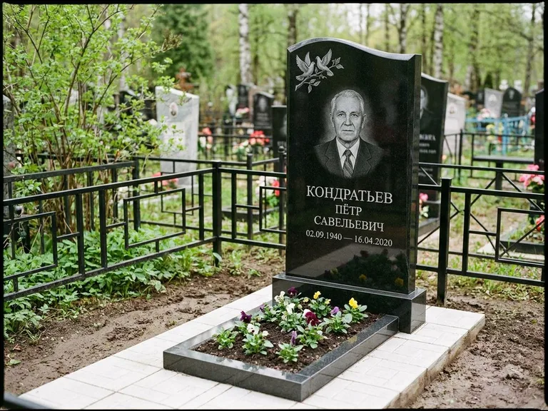 Памятник с гравировкой голубей — гравировка пары голубей на ветке в верхнем углу стелы, работа «Кондратьев» в Тюмени