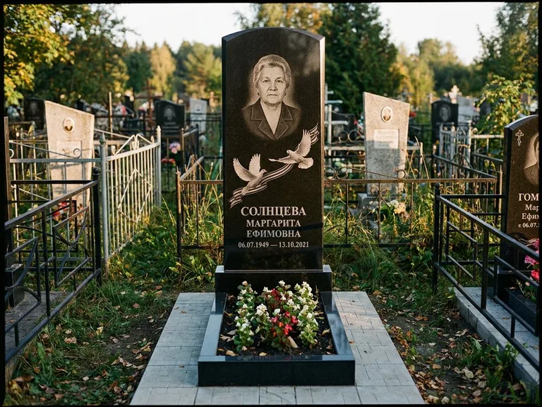 Памятник с гравировкой голубей — гравировка двух летящих голубей с лентой по диагонали стелы, работа «Солнцева» в Тюмени