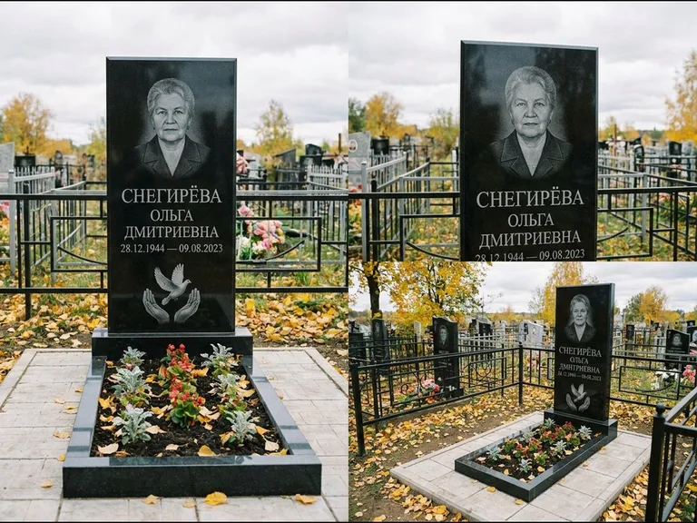 Памятник с гравировкой голубей — гравировка голубя над раскрытыми ладонями внизу стелы, работа «Снегирёва» в Тюмени