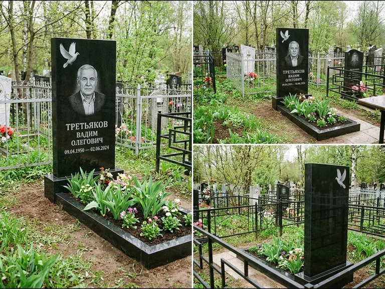 Памятник с гравировкой голубей — белая гравировка взлетающего голубя над портретом, работа «Третьяков» в Тюмени
